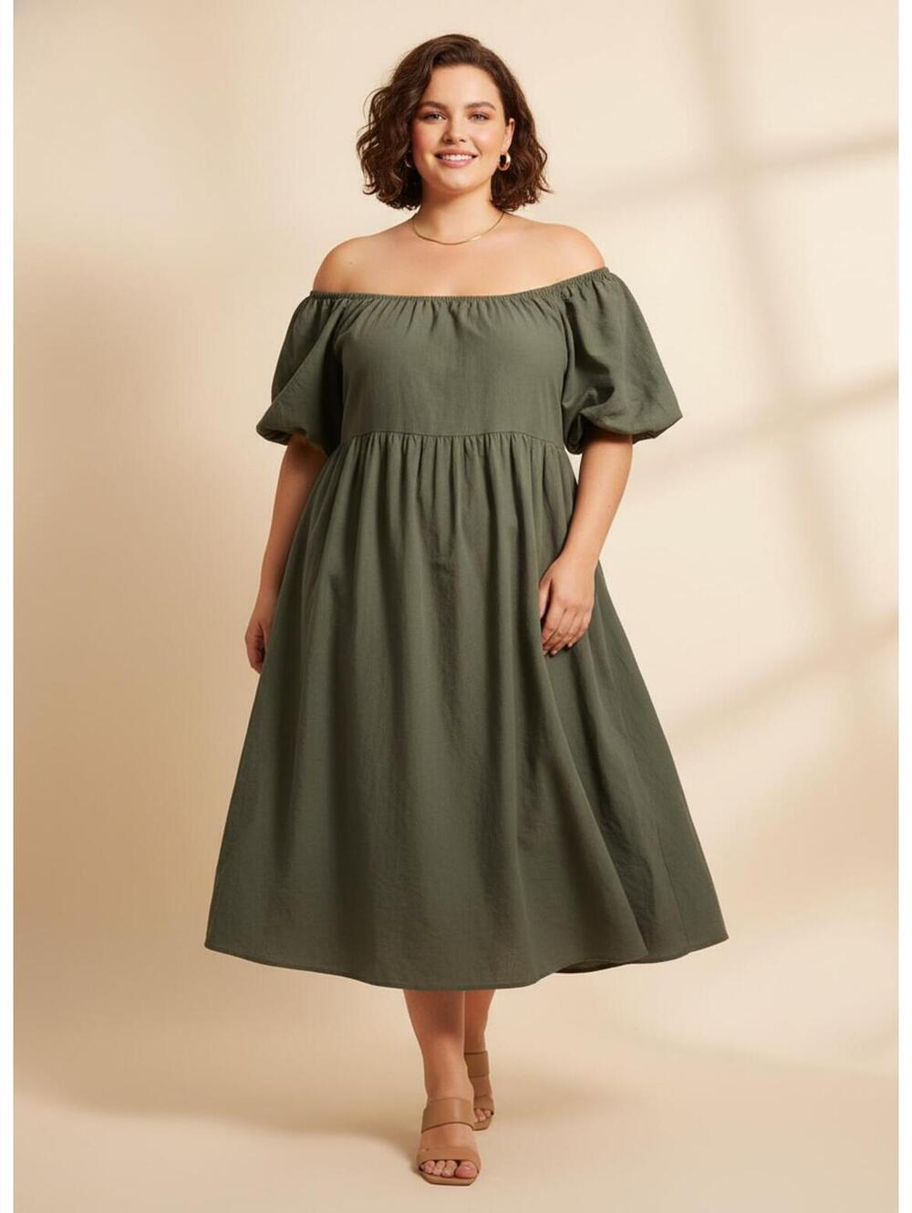Forever 21 Plus Size Olive Green Puff Sleeve Dress 4X